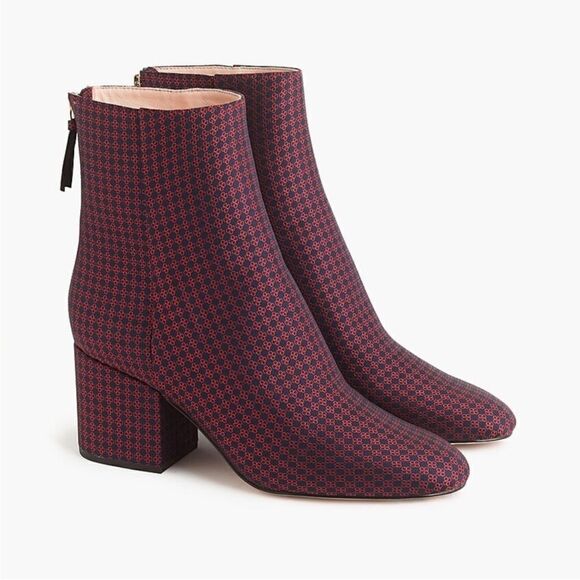 J.Crew Boots Sadie Zip Silk Tie Print Navy Red Ankle Booties - Picture 1 of 4